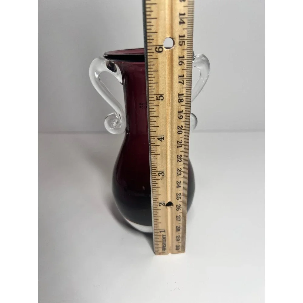 Vintage Amethyst Purple Glass Vase Made in Poland Clear Scroll Handles 6 In. MCM